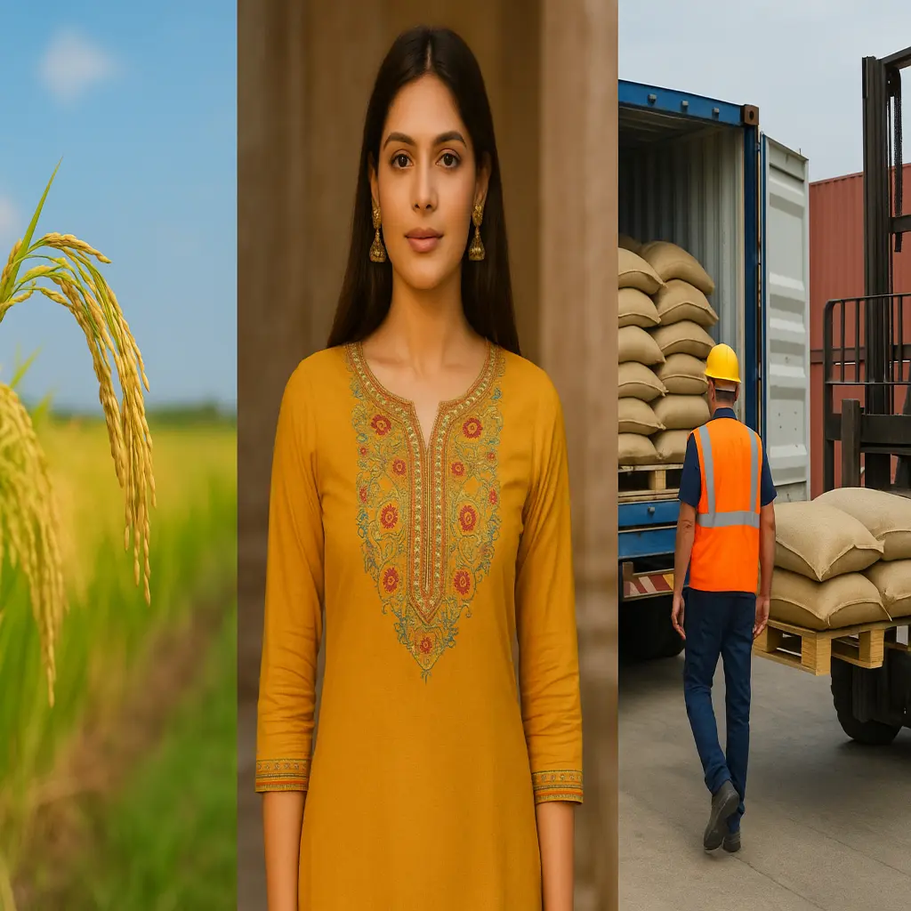 Rice grains being poured, representing farm to market